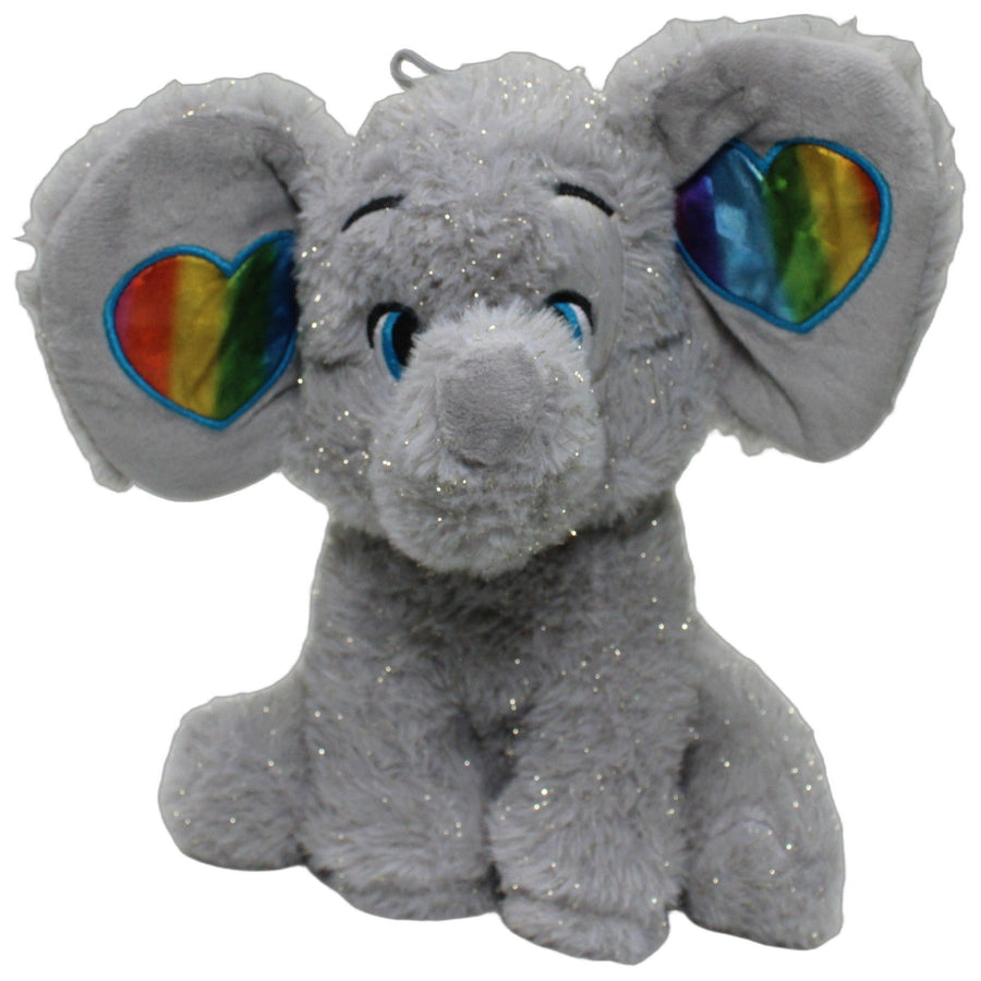 Glitzer Elefant mit Regenbogenherzen in den Ohren