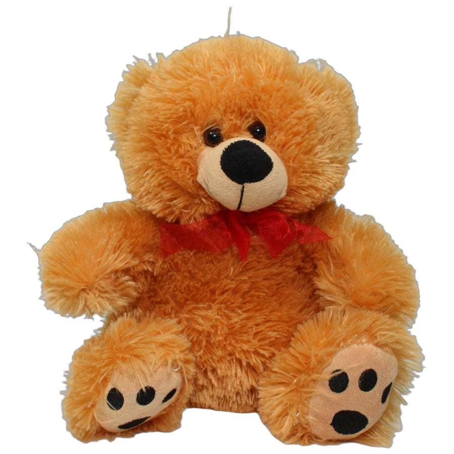 Oranger zotteliger Teddy mit roter Schleife, sitzend