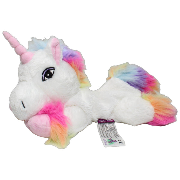 Weißes Einhorn mit Regenbogenmähne, liegend