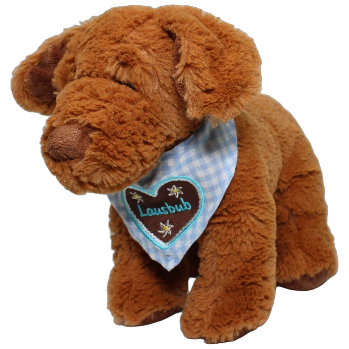 123000028670 Heunec Brauner Hund mit bayrischem Halstuch "Lausbub" Kuscheltier Kumpel Leo 27cm Blau Braun