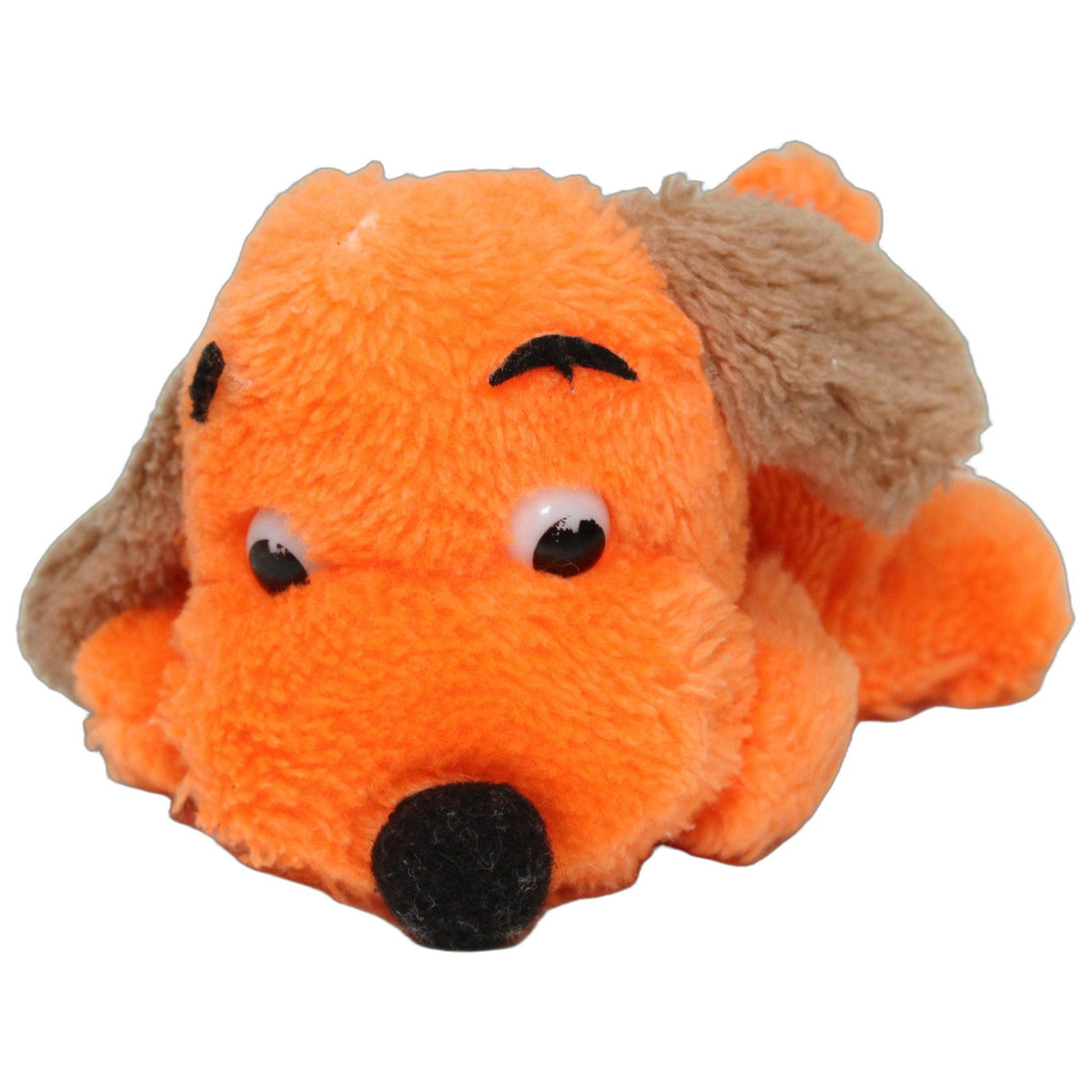 123000028815 R. Dakin Kleiner liegender Hund mit braunen Ohren, orange Kuscheltier Kumpel Leo 15cm 1973 Braun