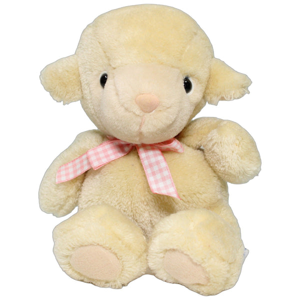 Beiges Schaf mit rosa-karierter Schleife, sitzend
