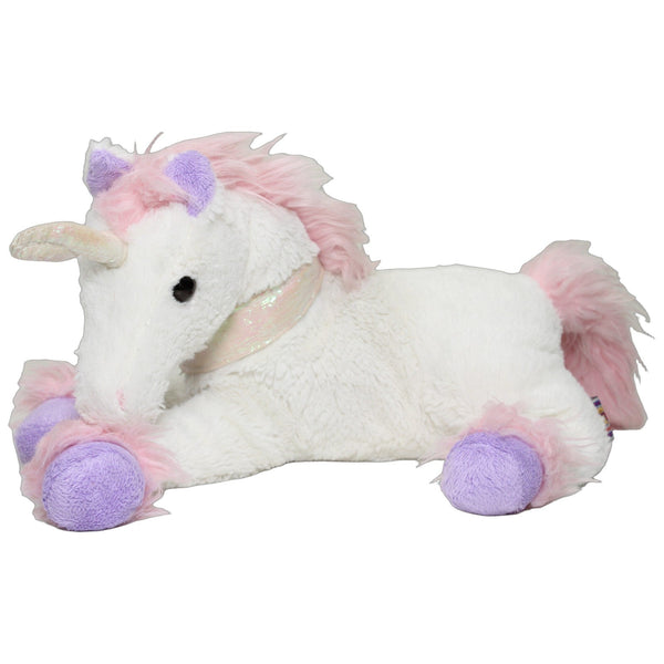 Großes weißes Einhorn mit rosa Mähne, liegend