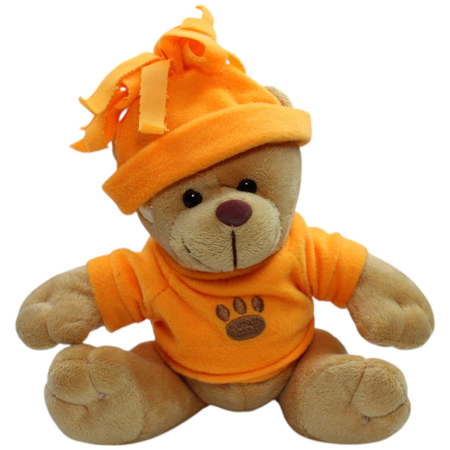 Teddybär mit orangem Pullover und Mütze