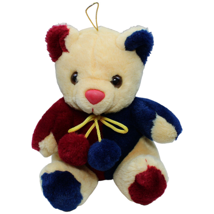 Teddybär mit Pompons, rot-blau