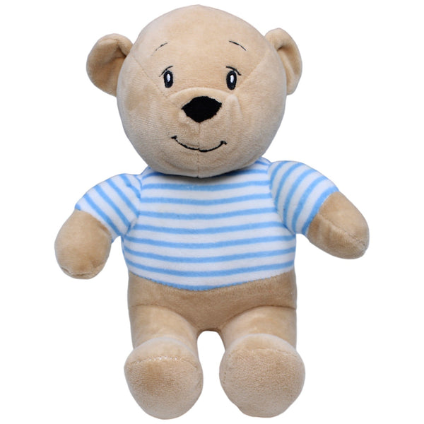 Teddybär mit blau-weiß gestreiftem Pulli, sitzend