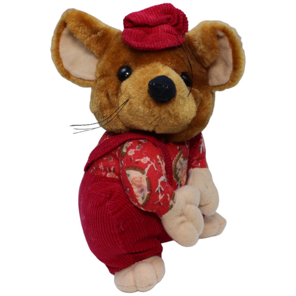 Maus in roter Cord-Latzhose, sitzend