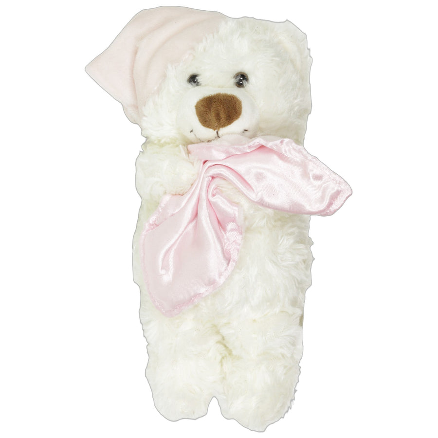 Weißer Teddy mit Schlafmütze & rosa Decke