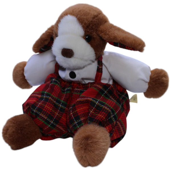 Karierter Hund mit Hemd & Latzhose, sitzend